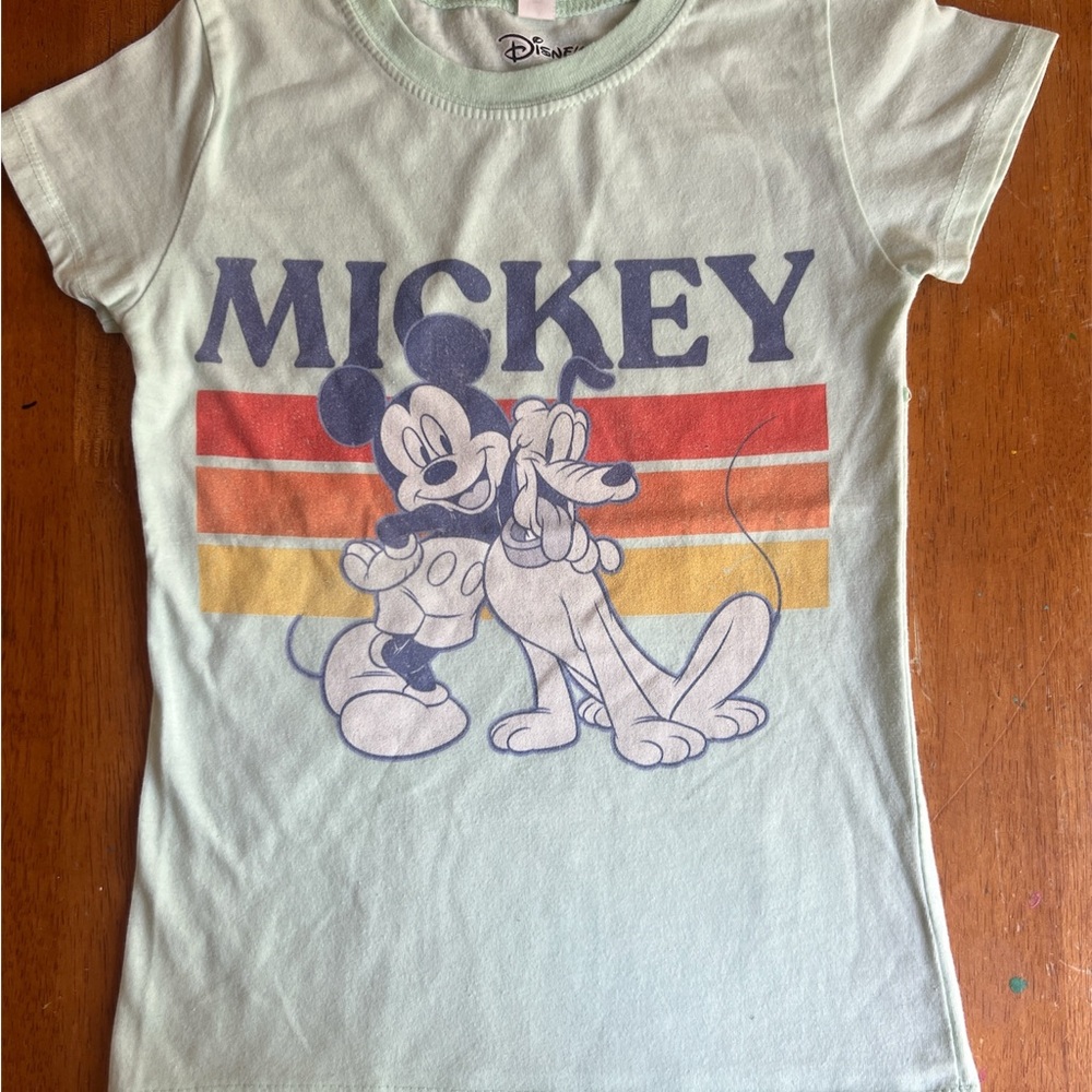 Disney Light Mint Mickey & Pluto Graphic Tee with Retro Stripe Print